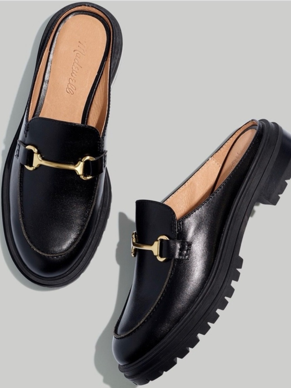 Madewell Black Leather Lug-Sole Mule Loafers with Gold Bit